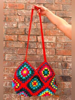Handmade Red Multicolor Crochet Shoulder Bag
